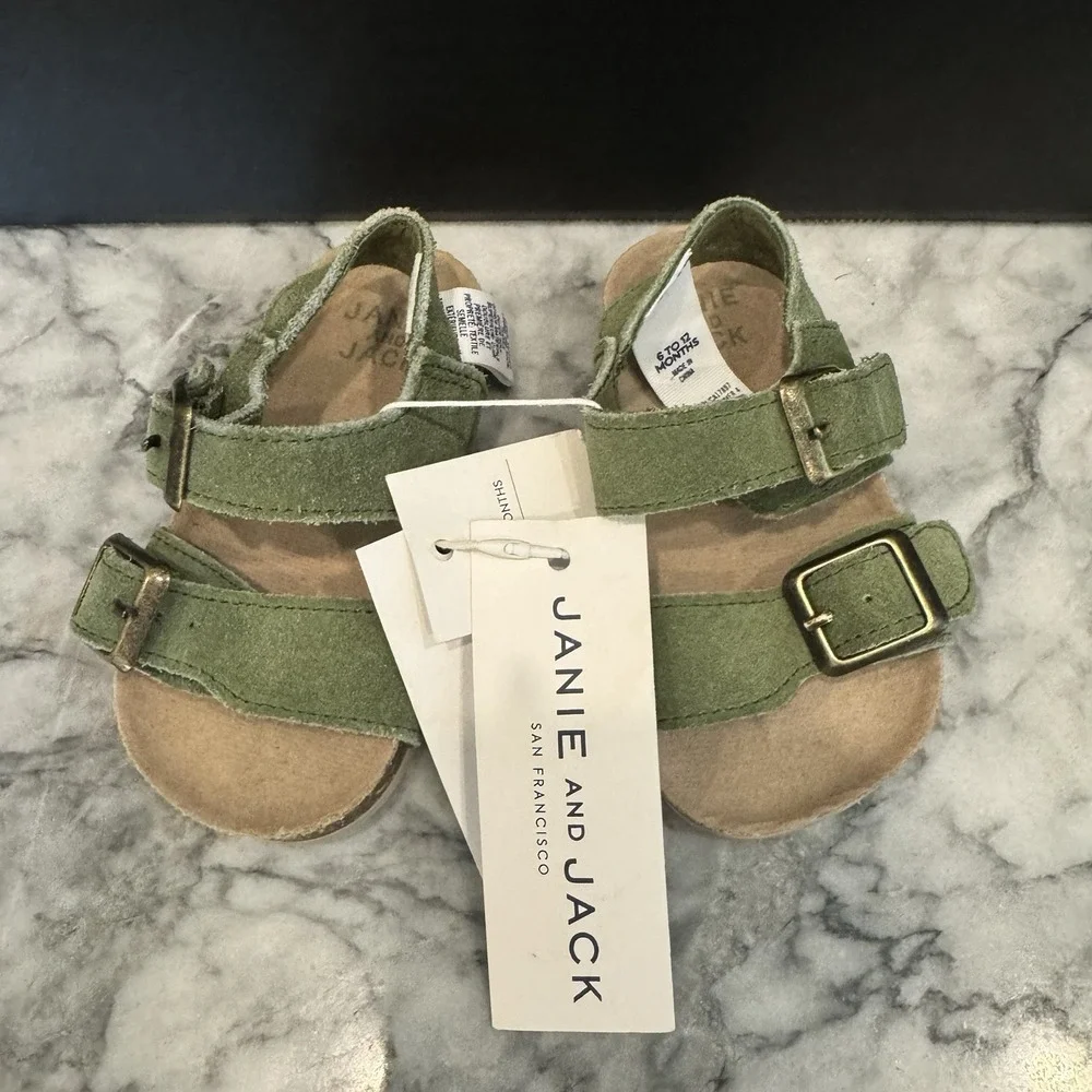 Janie and Jack Sandals Baby 6-12M GREEN Suede ~ Leather Buckle Strap Summer NWT